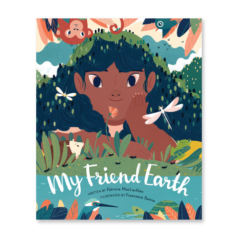 Book cover featuring a young girl of color whom is resting her face on her left hand, while looking at the viewer. The child takes up the majority of the book cover, her hair is long and parially connected the land which she lays upon, resembling the lush bushes and foliage of the earth. Surrounding her are small animals and fluttering insects.