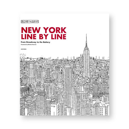 Square white book cover with detailed black ink drawing of new york city from above with the title above in red bold sans serif letters