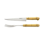 Wooden handled carving knife and fork, with woodburned details and a slightly shiny finish. Nontron logo on the knife blade.