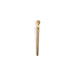 A small gold clenched fist with texturing around the wrist is attached to the curved top of a long narrow gold hair pin. 