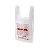 Quarter view of propped up white bag with self handles. Repeating rows of "Thank you" are sewn in red thread and repeat to form a column down front of bag.  All are stitched in outline with a solid red "Thank you"  in the center. At the bottom right  "Have a Nice Day" is sewn in solid red. thread.