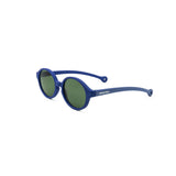 A pair of children's round framed sunglasses in a royal blue color. Vertical stripe detailing is featured on the outer side of the temple arms of the glasses