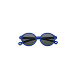 A pair of children's round framed sunglasses in a royal blue color.