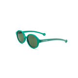 A pair of children's round framed sunglasses in a jade green color. Vertical stripe detailing is featured on the outer side of the temple arms of the glasses.