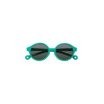 A pair of children's round framed sunglasses in a jade green color.
