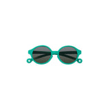 A pair of children's round framed sunglasses in a jade green color.
