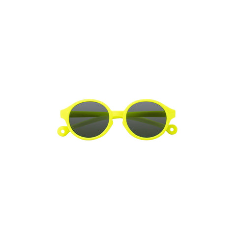 A pair of children's round framed sunglasses in a yellow color.