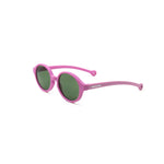 A pair of children's round framed sunglasses in a bright pink color. Vertical stripe detailing is featured on the outer side of the temple arms of the glasses