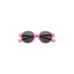 A pair of children's round framed sunglasses in a bright pink color.