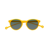 Round-shaped framed sunglasses in mustard yellow with a high nose bridge.