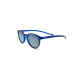 Side view of round framed sunglasses in a translucent royal blue. The brands logo is embossed on temple arm.