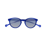 Round-shaped framed sunglasses in royal blue with a high nose bridge.