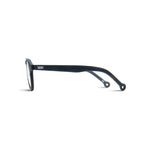 Side view of wide framed rectangle shaped sunglasses in dark navy blue. The brand logo is embossed on the outer temple arm