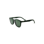 Side view of wide framed rectangle shaped sunglasses in dark forest green. The brand logo is embossed on the outer temple arm