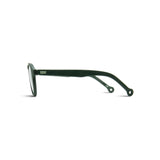 Side view of wide framed rectangle shaped sunglasses in dark forest green. The brand logo is embossed on the outer temple arm