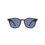 Side angle view of the Ruta Sunglasses Brown/Blue, which have brown, rounded square-rectangular frames, and blue lenses.