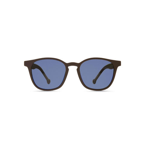 Side angle view of the Ruta Sunglasses Brown/Blue, which have brown, rounded square-rectangular frames, and blue lenses.