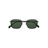 Wide framed square sunglasses with green tinted lens and thin metal frame in black. The nose bridge is silver.