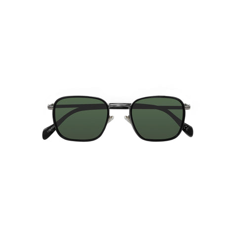 Wide framed square sunglasses with green tinted lens and thin metal frame in black. The nose bridge is silver.