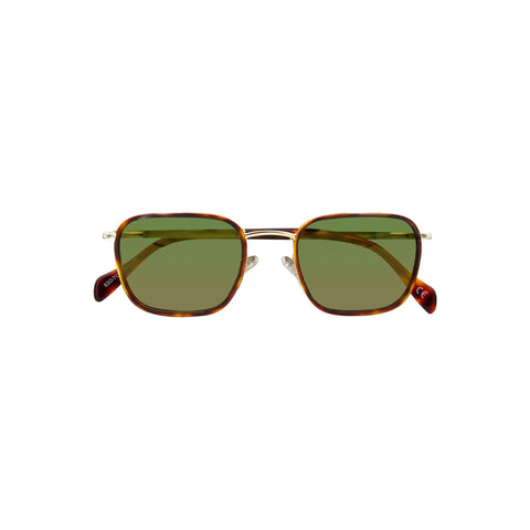 Wide framed square sunglasses with green tinted lens and thin metal frame in tortoise. The nose bridge is a light gold color.