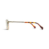 Side view of a pair of wide framed square sunglasses with green tinted lens and thin metal frame in tortoise. The nose bridge is a light gold color with matching temple arms, which have a tortoise tip.