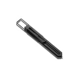A flat, durable, bookmark pen made of titanium and powder-coated in black. The tip of the pen is surrounded by a metal bar, which is intended to protect the pen tip.