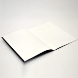 A notebook open to reveal blank white paper.