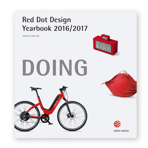 White book cover with red alarm clock, red bag, and red bicycle surrounding the word "Doing"