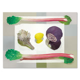 A photo of  a series of vegetables place atop a neutral colored, pattered surface. Vegetables include beet stems, an artichoke, lemon, and purple cabbage. All of the pieces are artificial and woven out of thread that has been heavily saturated with color giving the food a lifelike appearance.