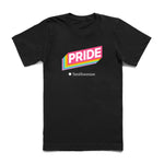 Black t-shirt featuring a vibrant graphic, which is made up of five stacked, different colored parallelograms, cascading upward in chromatic order. The top layer is pink with the word “PRIDE.” Beneath the graphic is the Smithsonian logo.