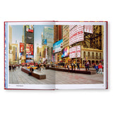 A spread from Snøhetta Collective Intuition that features a street level view of a busy city street. The image is of Times Square and includes several people ether sitting, walking, or socializing.