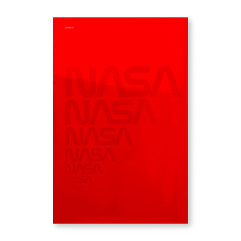 Intense red jacket; rectangular and translucent with an underlying book cover with six left-aligned rows of the NASA logo arranged from large to small in a diminishing cone shape.  