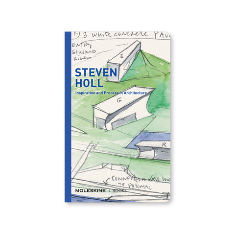 A small book with a royal blue spine. There is matching blue text on the front of the book that reads 'STEVEN HOLL Inspiration and Process in Architecture'. The text is printed over a green and white illustration of a blueprint for a building. There are scribbled notes in pencil included in the illustration.