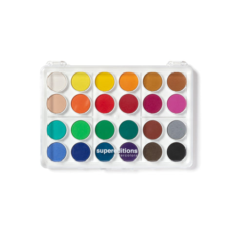 Rectangular watercolor set with 4 rows of six circular color pots, in semi-chromatic order from left to right, white to black. Set is made of white plastic with a hinged, clear lid.