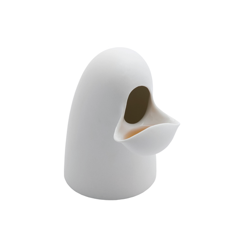 Ceramic Vinegar Flask made of porcelain and featuring a smooth matte white curved body. An opening with a deep curved spout are centrally located at the front of the flask resembling a maiden cloaked in white.