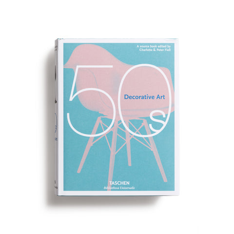Book cover featuring an pale pink-toned photograph of a molded plastic chair on a blue background. White text "50s Decorative Arts" overlaid.