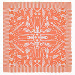 Orange square textile covered in an off-white pattern of human and animal skeletons, the pattern repeats in cardinal directions. The skeleton pattern is bordered by a checkered pattern along all four edges.