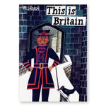 A book cover depicts a traditional British scene in stylized cartoon imagery. In the foreground, a royal guard stands with hands on hips in a navy and red uniform. He stands on a bridge which connects to a blue and purple colored castle behind him.  In the upper right corner the title "This is Britain” is printed in a black font, each word on separate white banners. The author’s name, M. Lasek is printed in white script in the upper left. 