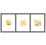 Three prints featuring a colorful sketch of chairs over beige background, printed on white paper.