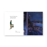 Book spread; dejected person holding a peace symbol drawing on the left page; on the right, the same person on a balcony in a deep blue night scene, imagining a peace symbol made of stars.