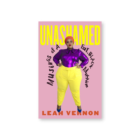 Pink book cover with photograph of Leah Vernon standing centered in yellow pants and purple shirt.