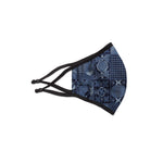 A side view of the Adire textile cloth face masks in indigo.