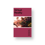 A dark red cover with black text reading 'Virtual Reality'. An image surround by white trim at the top and bottom is placed in the center of the cover. The image depicts a forest with four dinosaurs drinking from a lake.