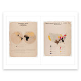 Two facing pages on cream-colored paper exhibiting worn edges, each with a descriptive title above a central, dominant  color infographic. The left page shows lines connecting the western and eastern hemispheres in black, brown and yellow. The right page has a color-coded map of the United States and key in red, yellow black, brown, pink and gray. 