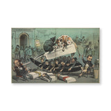 Stylized cartoon imagery depicting chaos on the floor of the stock exchange. Several vignettes make up the busy scene including men seated in chairs reading ticker tape, a bull and bear fighting to symbolize the rise and fall of the market, a group of men reaching toward stacks of paper and being held back by a shoe horn. a group of men crowding in a disorderly fashion in front of the exchange entrance.