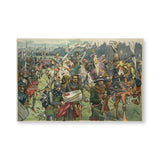 A highly stylized cartoon depicting what appears to be a scene from the Middle Ages, showing  a charging force of knights and villagers approaching a battle. Some knights on horseback are holding swords or white banners. Other knights and villagers are on foot carrying different types of weapons.