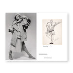 Interior spread with figure in chunky outerwear and a sketch of a mustachioed figure in loosely fitting coat