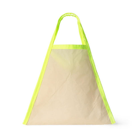 Medium-sized triangle-shaped bag with neon yellow trim and natural colored body.